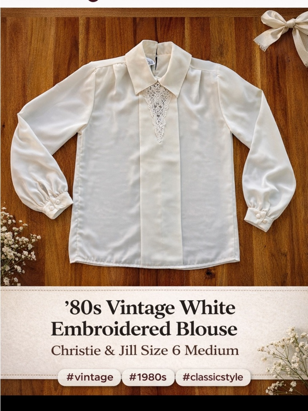 80s Vintage Christie & Jill White Embroidered Long Sleeve Blouse Size 6 Medium